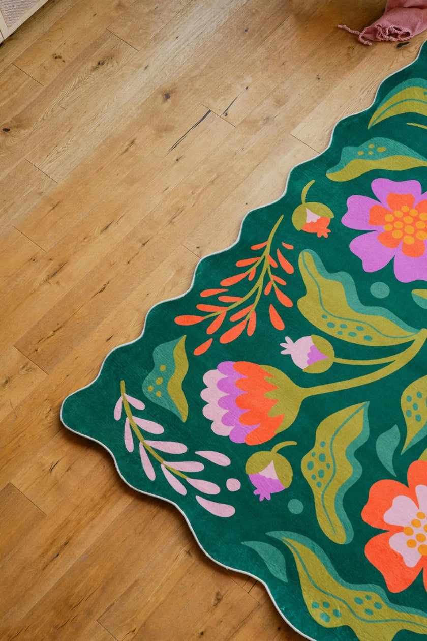 Green Base Pink Floral Wavy Rug by Jessica Miller