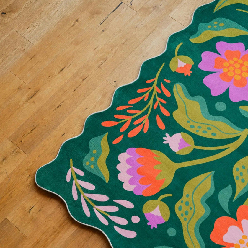 Green Base Pink Floral Wavy Rug by Jessica Miller