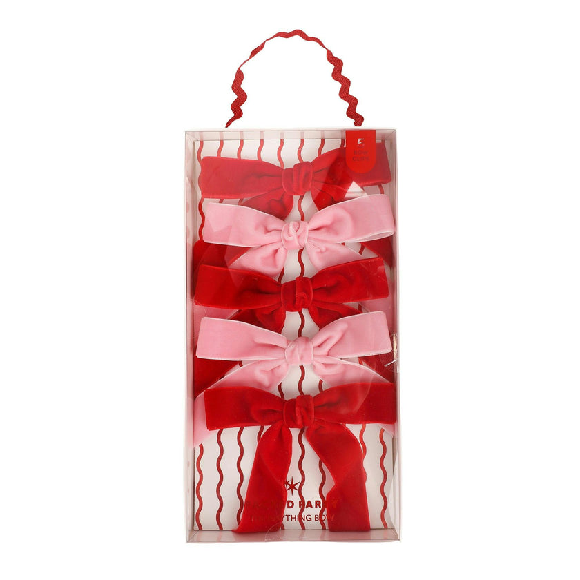Packed Party Pink and Red Velvet Clip-On Bow Set of 5 - Luxe Velveteen Ribbon Bows with Metal Clip for Napkins Place Settings and Party Favors