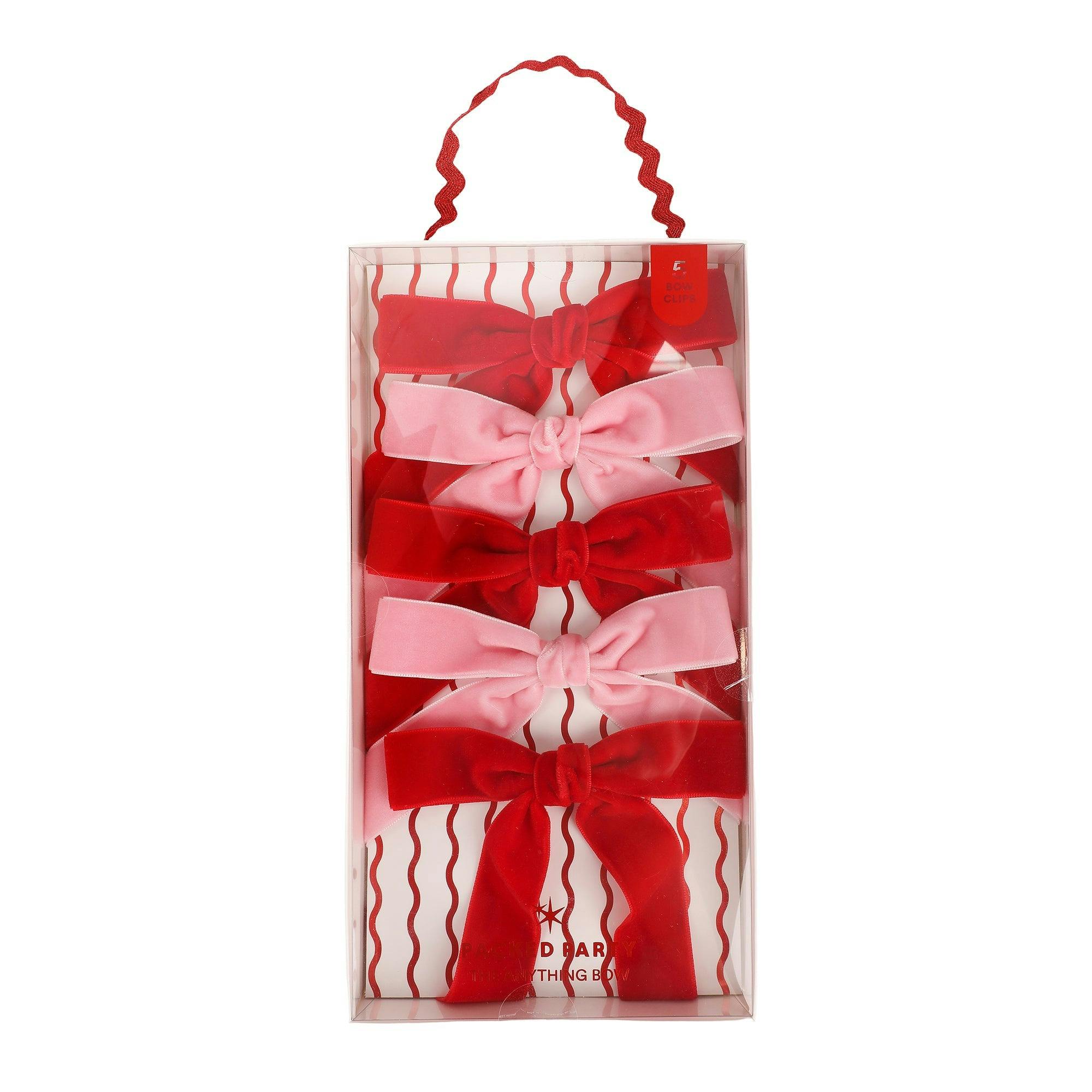 Packed Party Pink and Red Velvet Clip-On Bow Set of 5 - Luxe Velveteen Ribbon Bows with Metal Clip for Napkins Place Settings and Party Favors