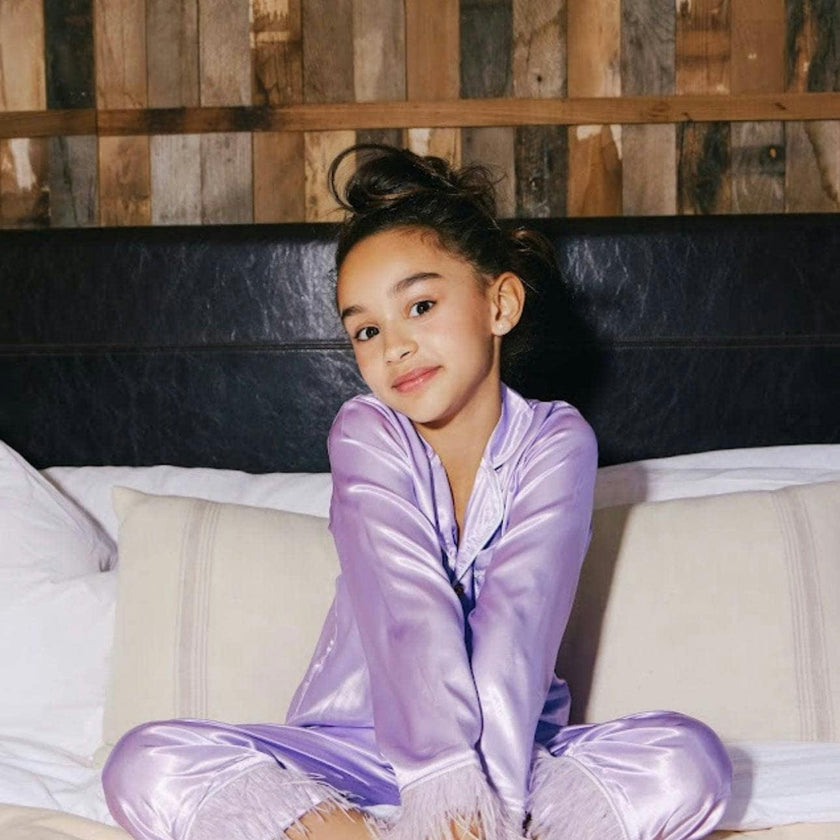 Feather Trim Cuff Silk Pajamas Set
