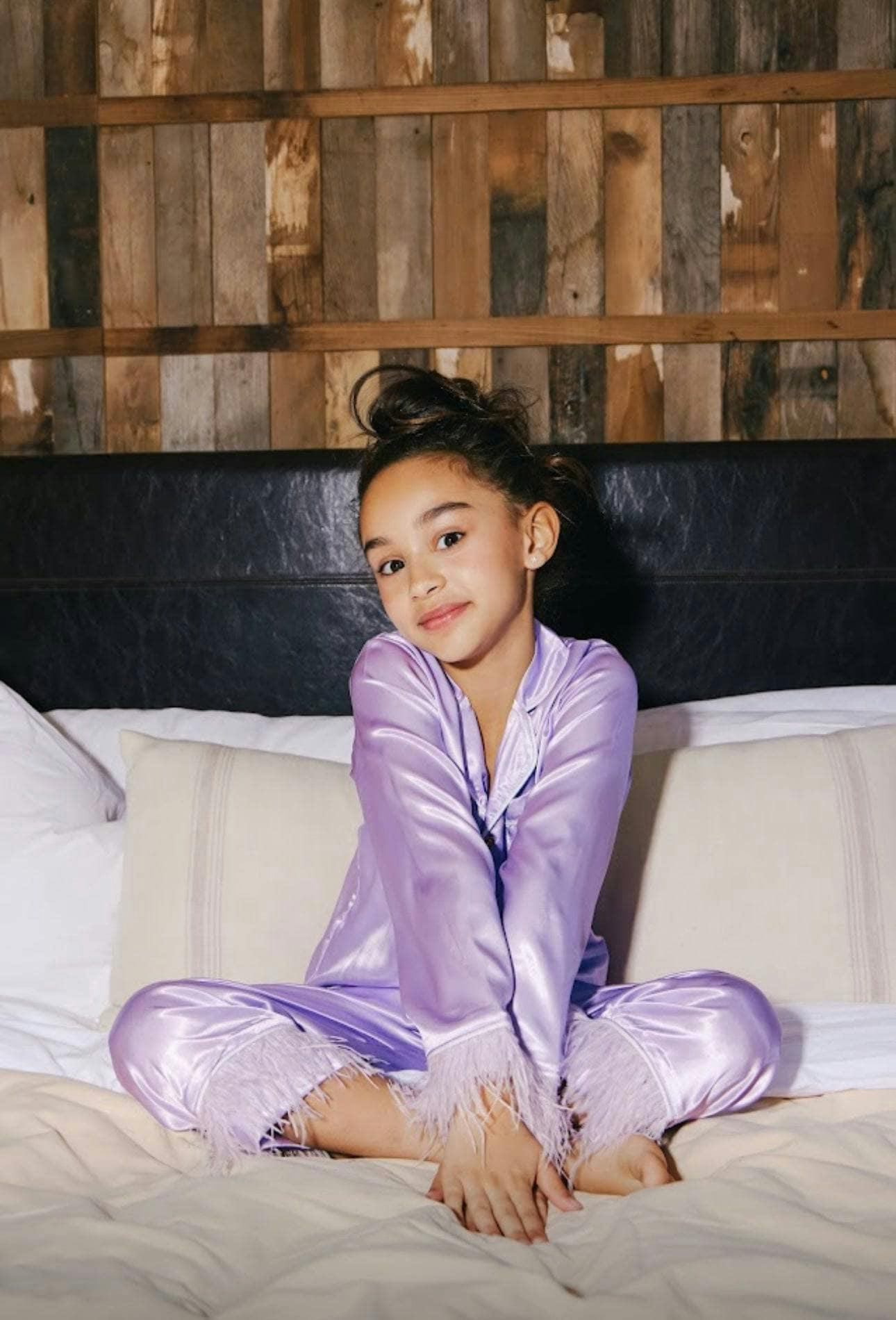 Feather Trim Cuff Silk Pajamas Set