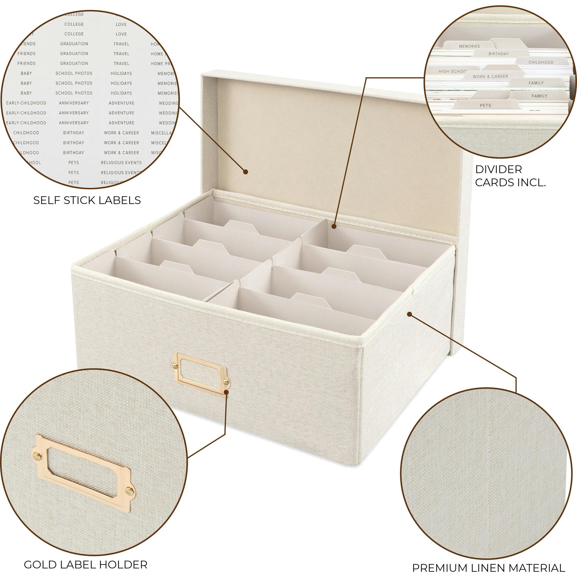 Decorative Photo Storage Box - Sturdy Linen Photo Organizer with Dividers - Stores Up to 850 4x6 Photos - Portable Scrapbook Storage Container with Lid