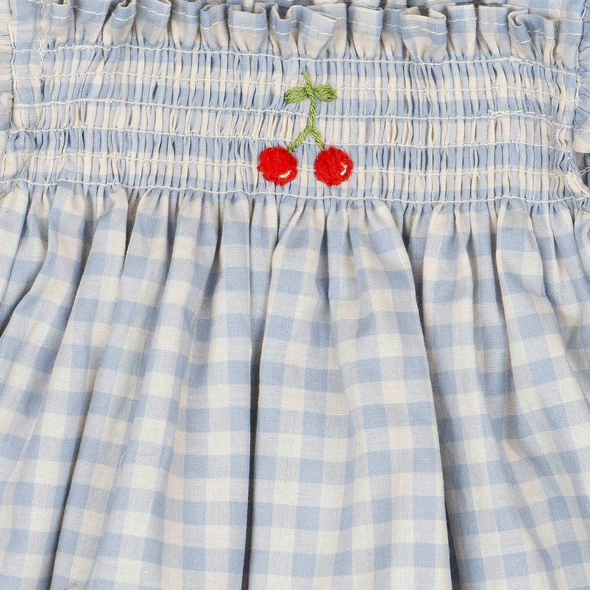 Smock Flutter Dress in Blue Gingham/Cherry