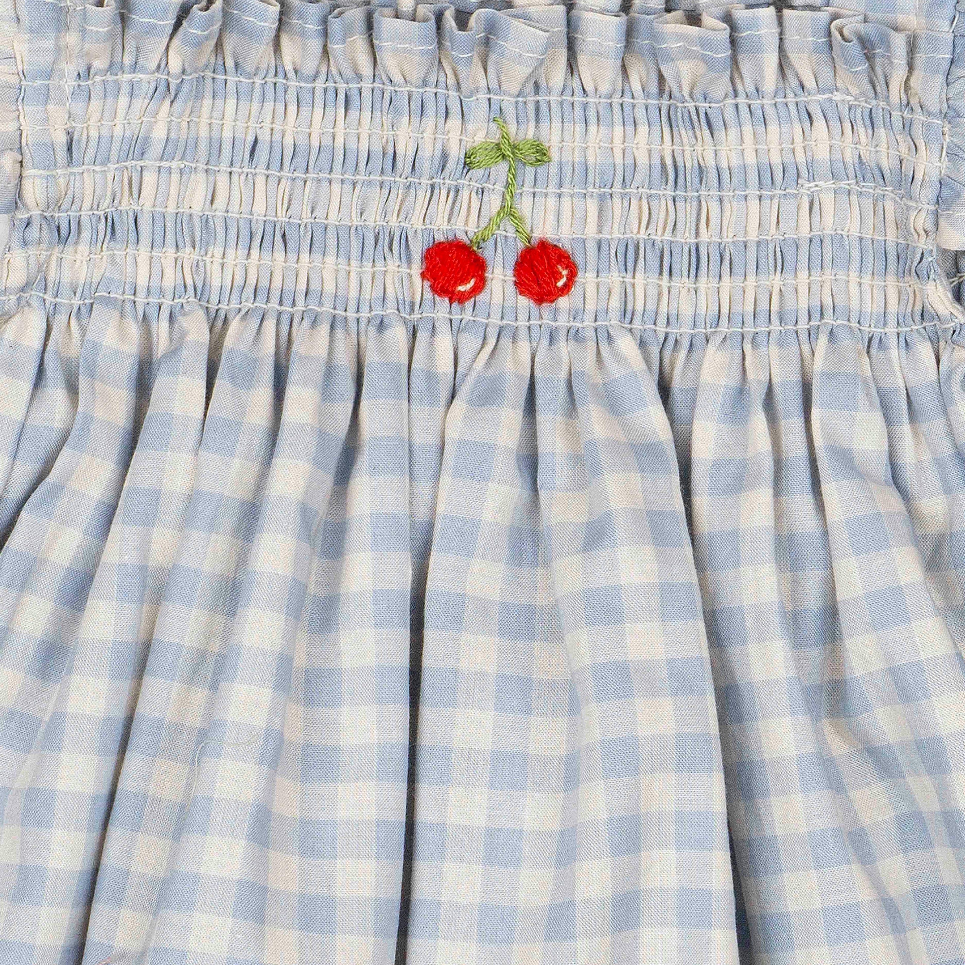 Smock Flutter Dress in Blue Gingham/Cherry
