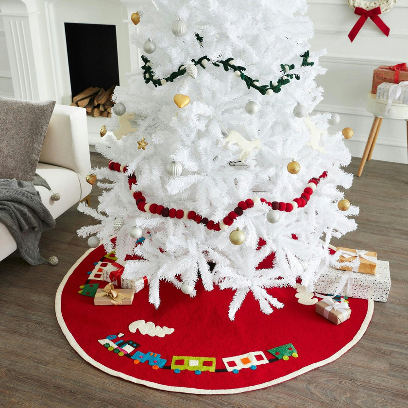 Handmade Toy Train Red Christmas Tree Skirt Felt 26"/60"