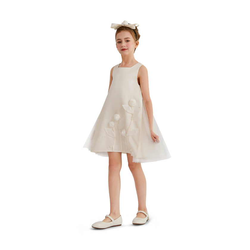 White Valmonta Satin Dress with Floral Accents