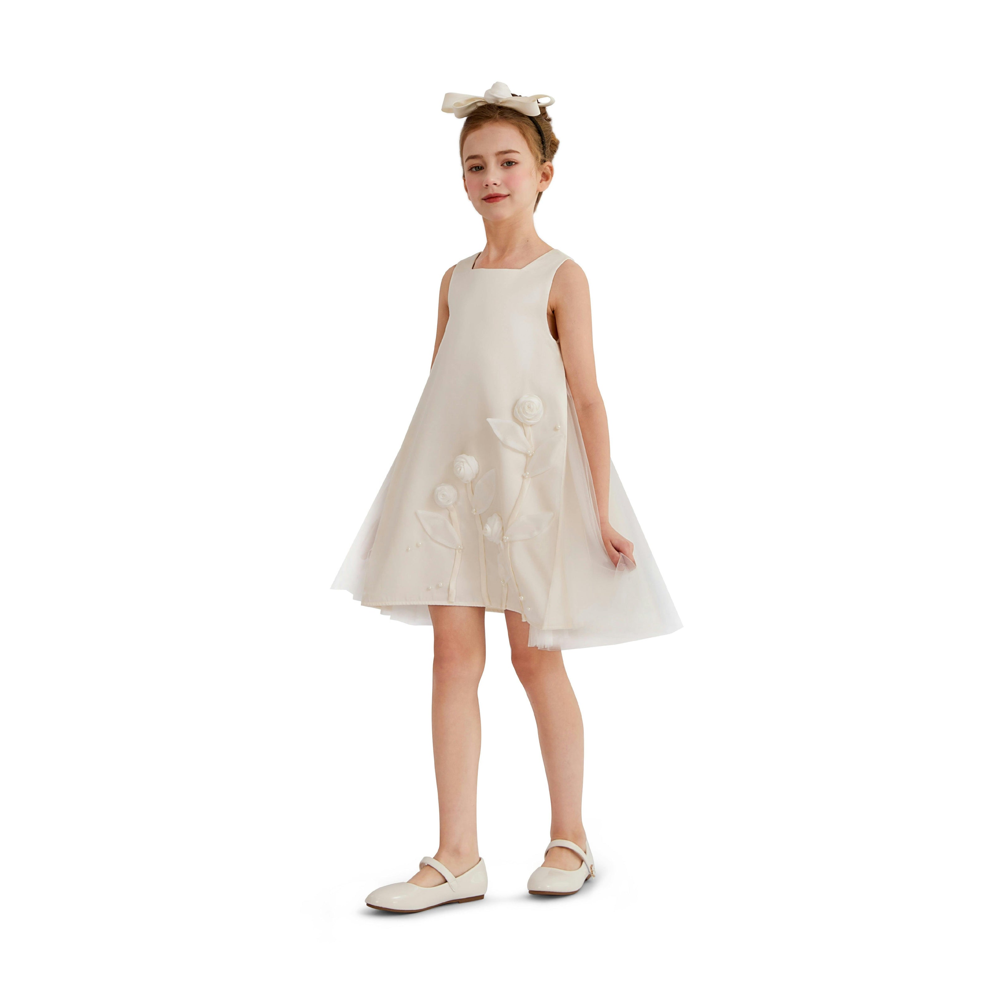 White Valmonta Satin Dress with Floral Accents