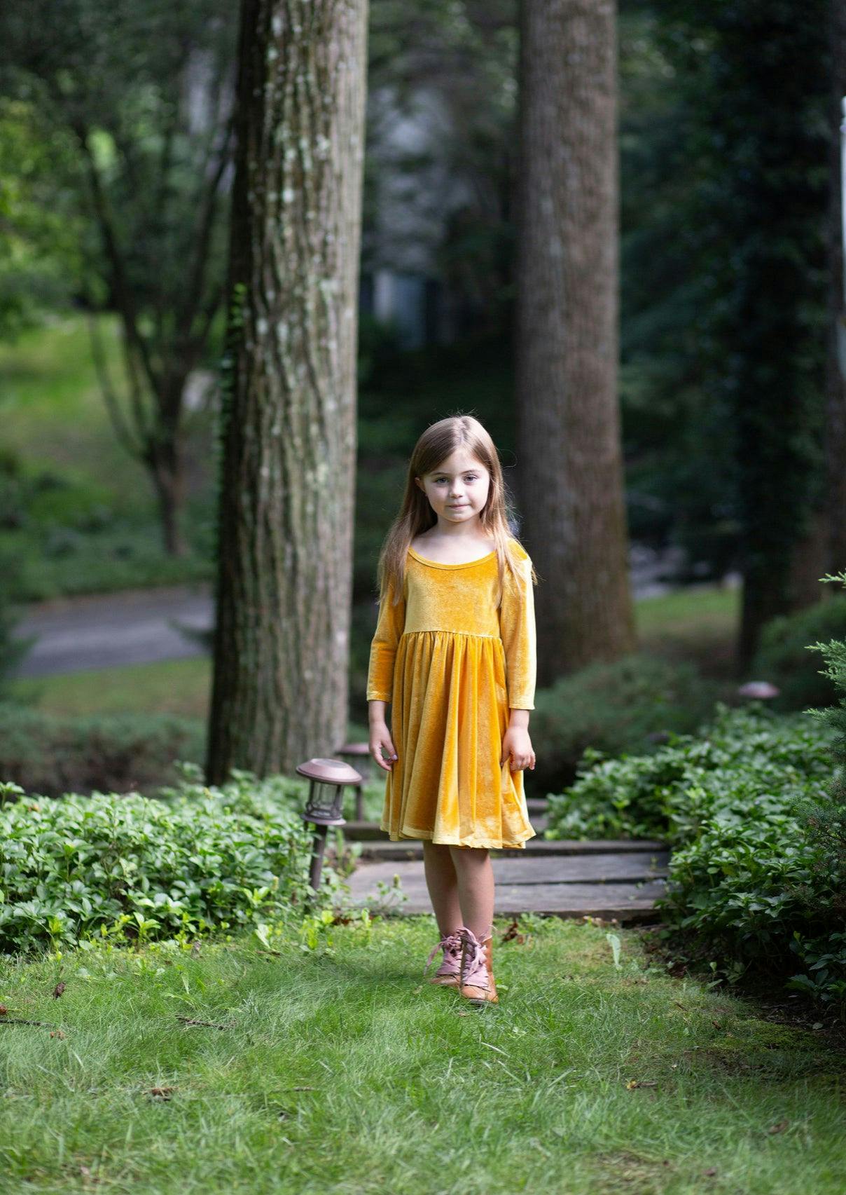 Twirly Dress in Mustard Stretch Velvet FW26