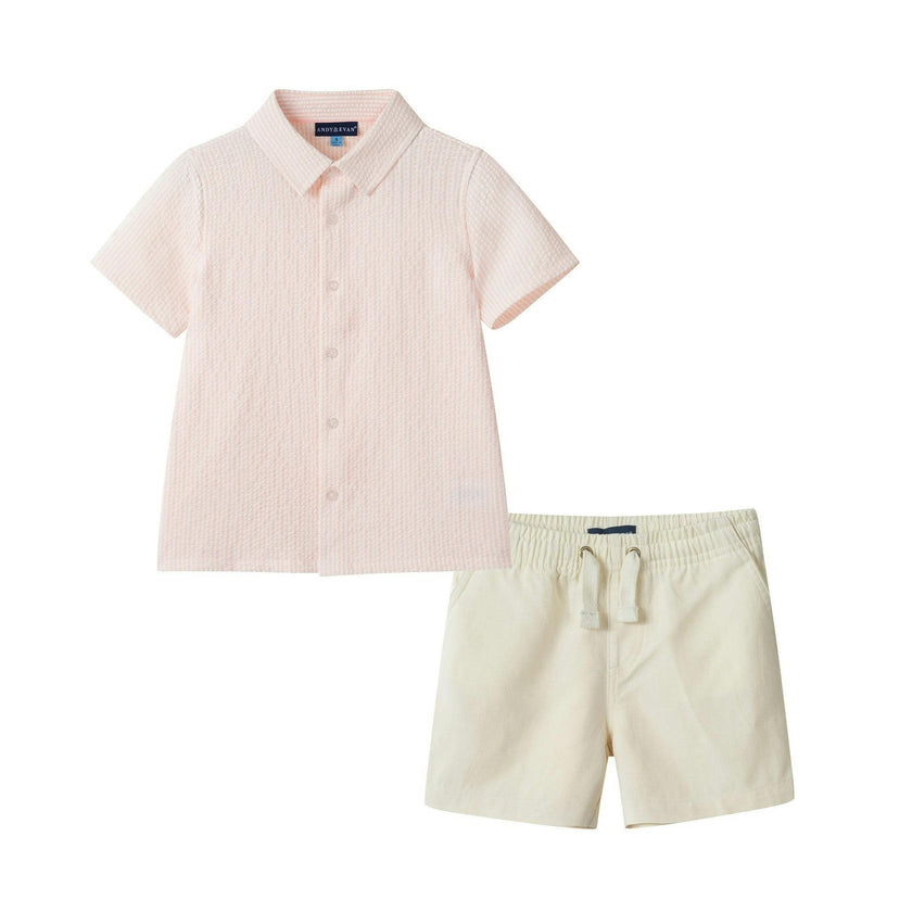 Boys Puckered Buttondown & Shorts Set | Coral Breeze