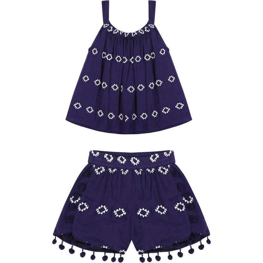 Colette Embroidered Top & Short Set, Navy