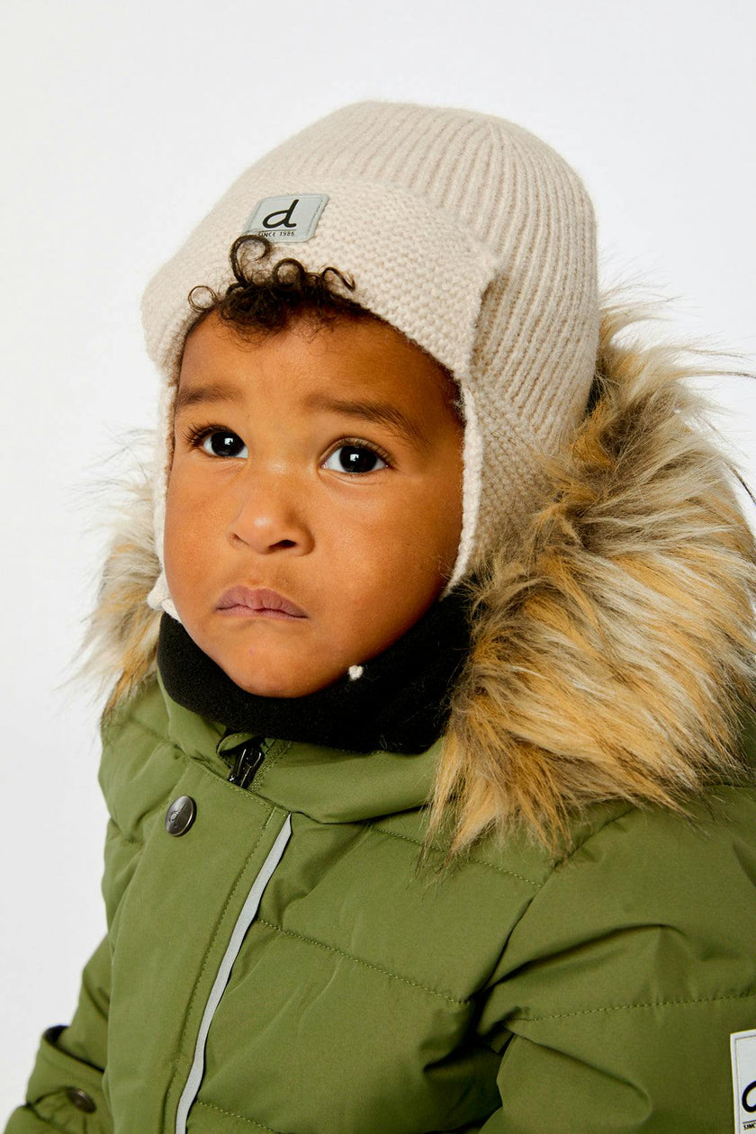 Baby Winter Knit Hat With Ear Flaps And Strings Beige