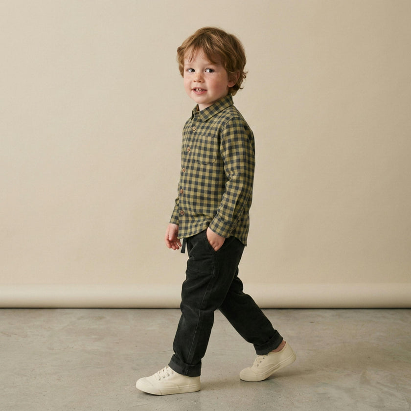 Organic Collared Long Sleeve Shirt - Olive Gingham