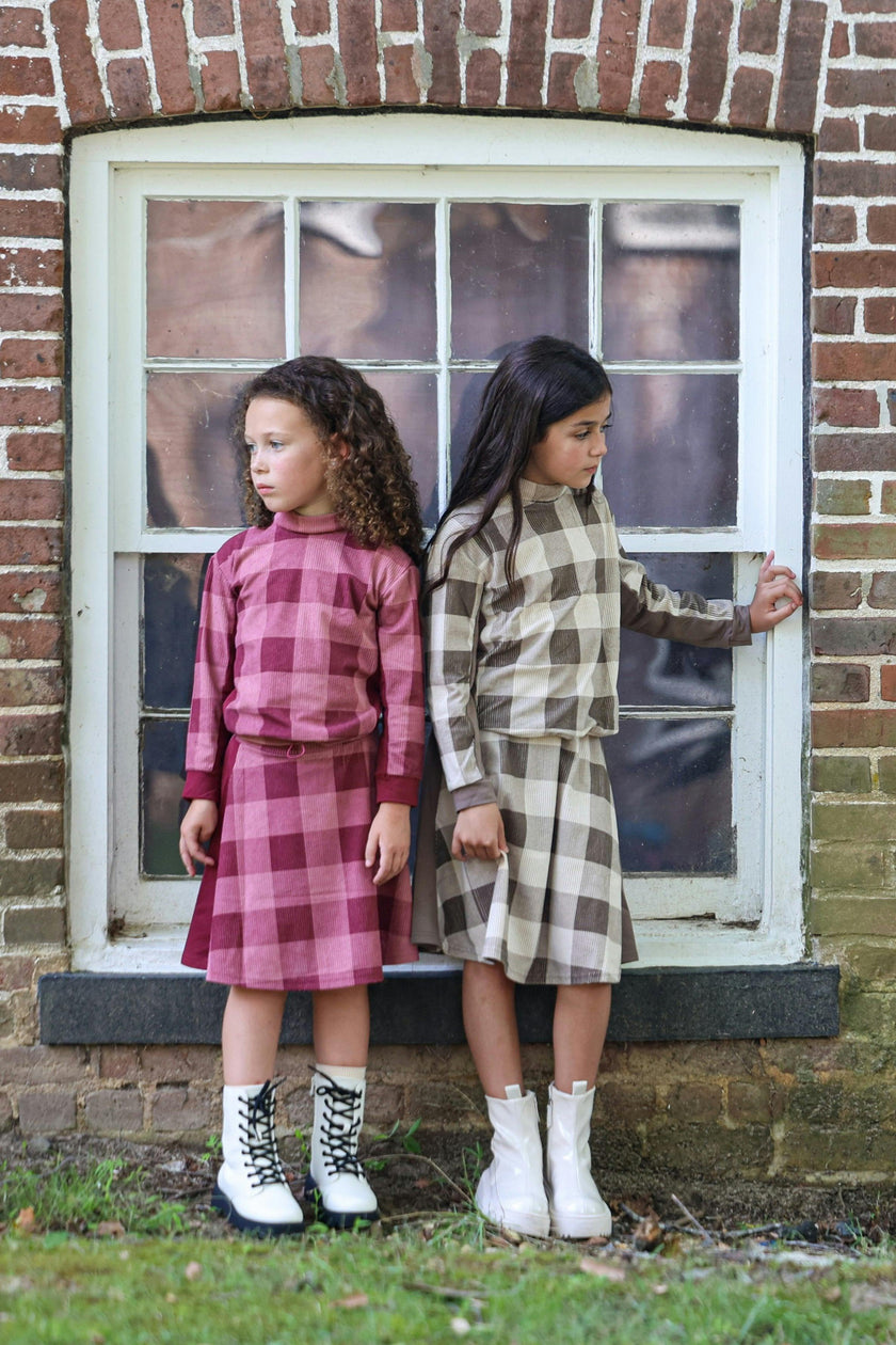 Corduroy Plaid Panel Solid Side A-Line Short Skirt
