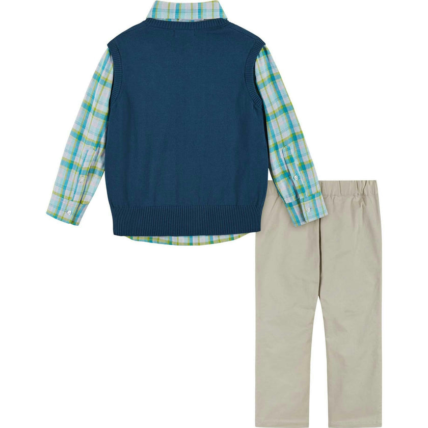 Boys 4-Piece Vest Set | Navy & Khaki Plaid