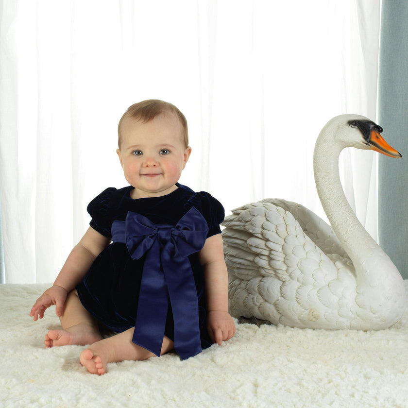 Baby Crushed Velvet Bow Ribbon Tie Short Puff Sleeve Dress