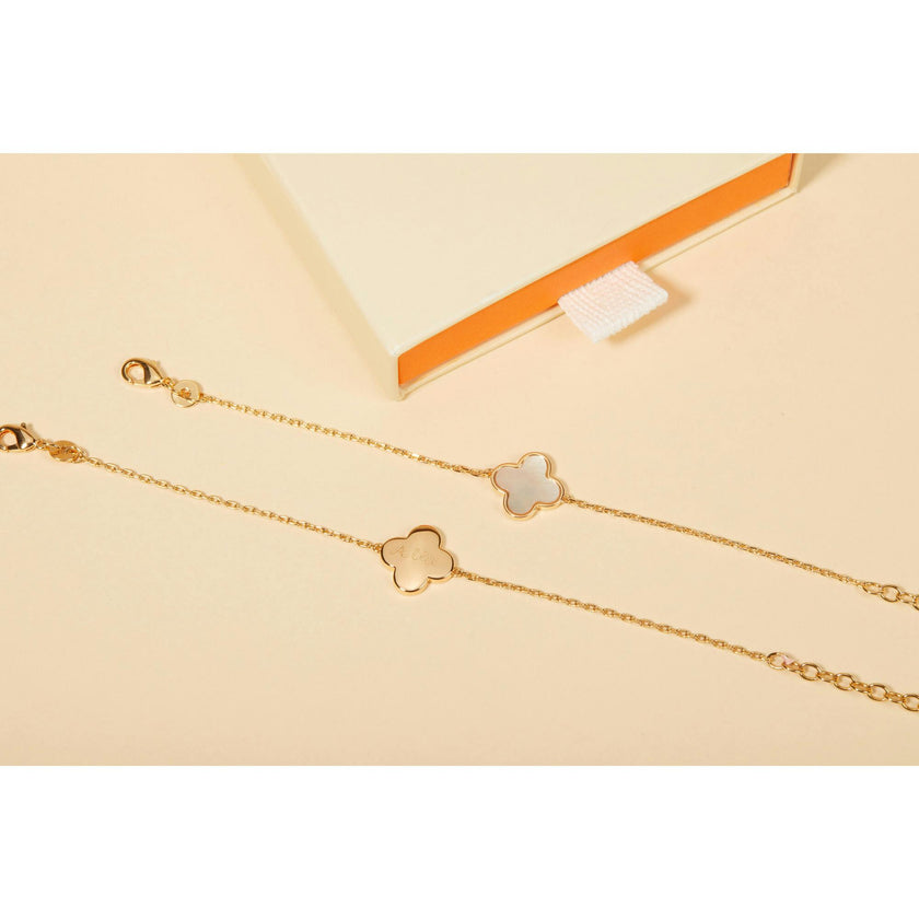 Personalized Mother of Pearl Clover Cross Chain Bracelet, 14k Gold Plated