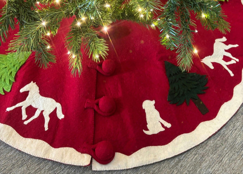 Handmade Dogs and Horses Red Christmas Tree Skirt Hand Felted Wool 60"