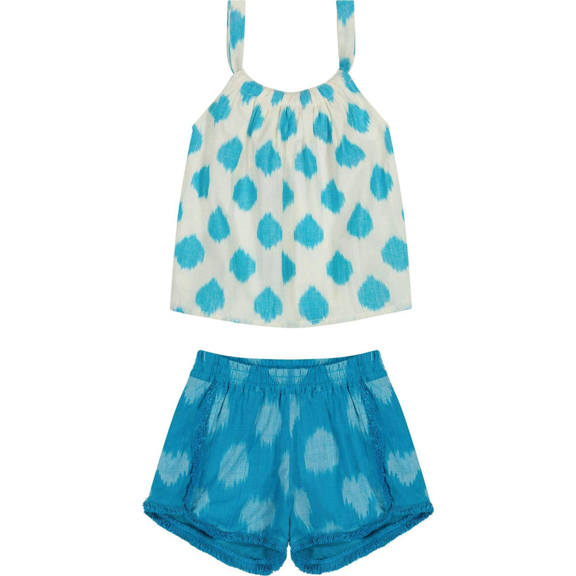 Colette Girl's Top and Short Set Aqua Cerulean Ikat, Blue