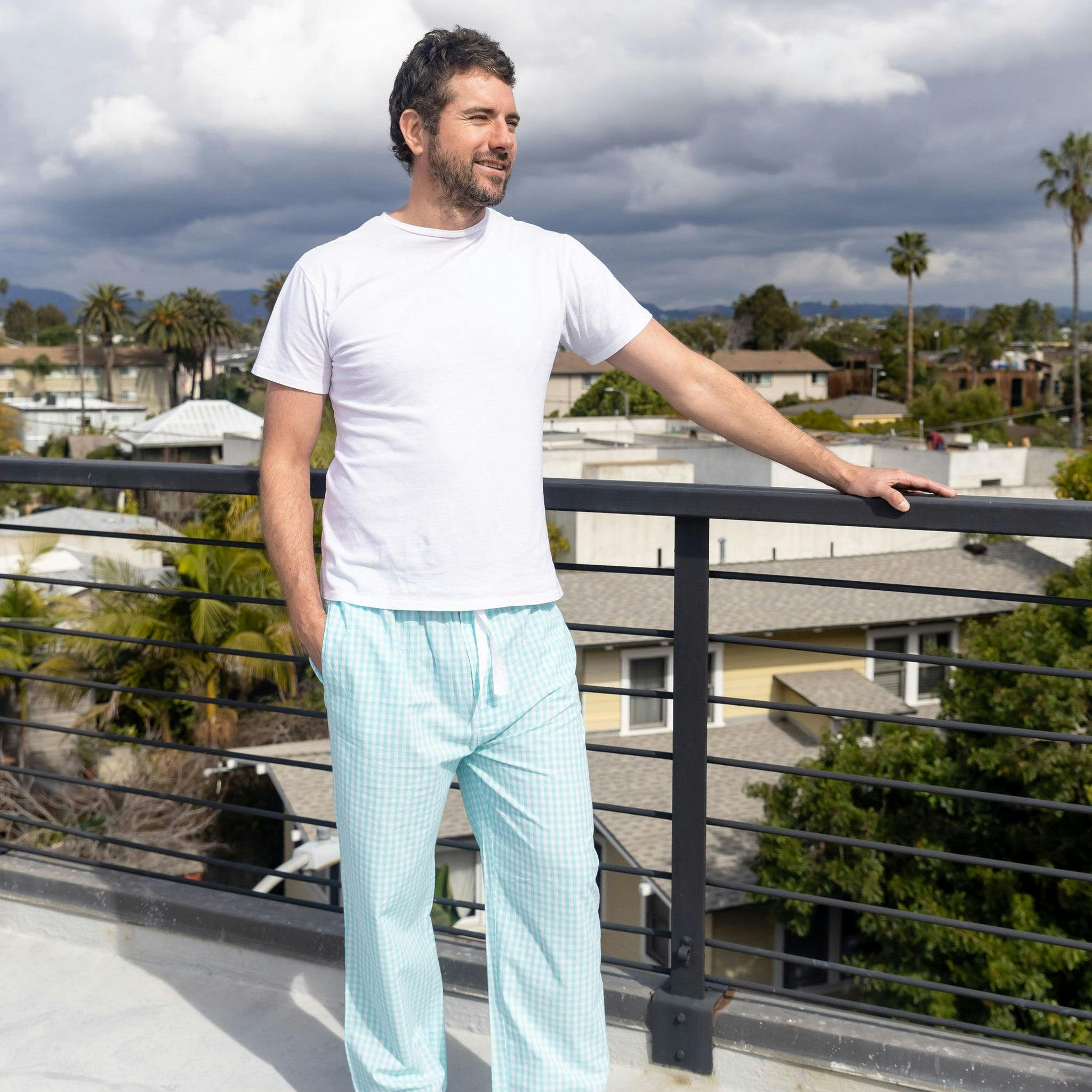 Men's Hepburn Gingham Mint PJ Pants - Organic Cotton Poplin