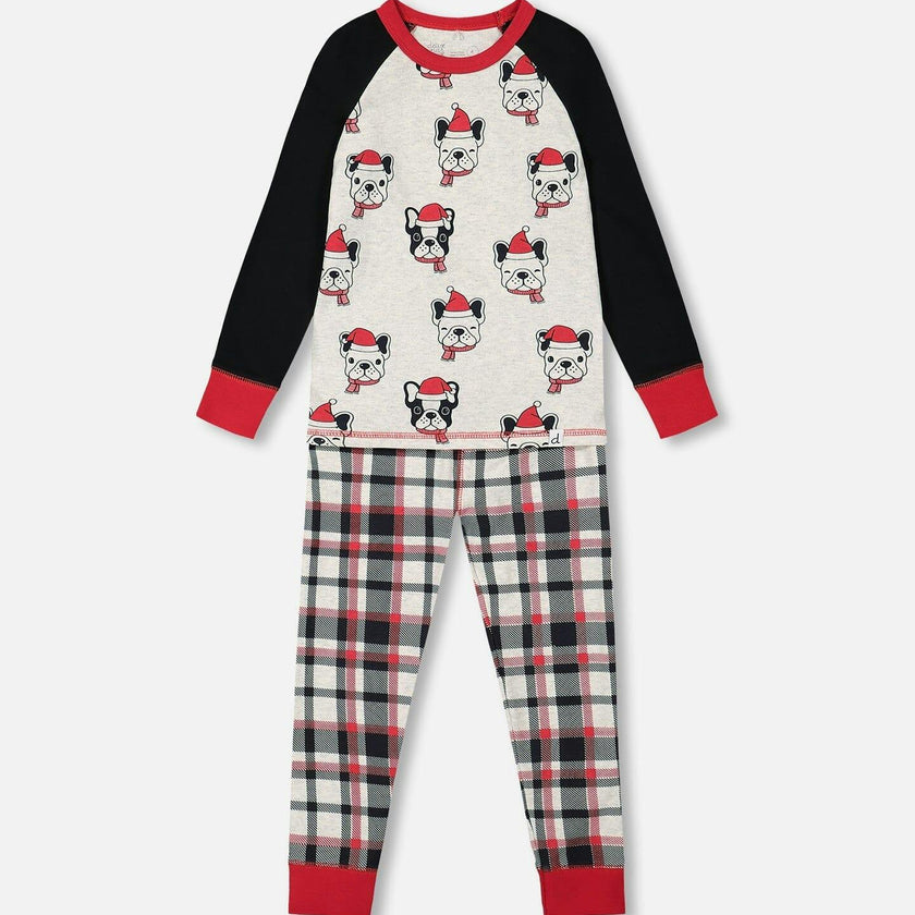 Organic Cotton Printed Dogs Two Piece Pajama Set Oatmeal Mix