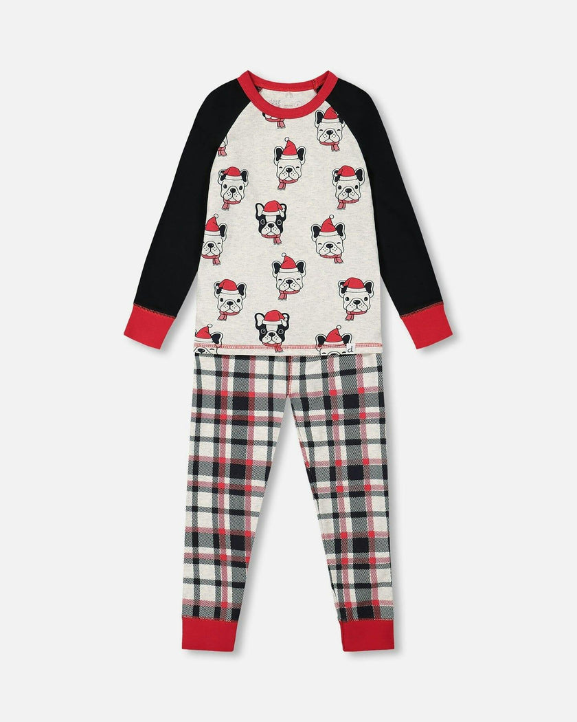 Organic Cotton Printed Dogs Two Piece Pajama Set Oatmeal Mix