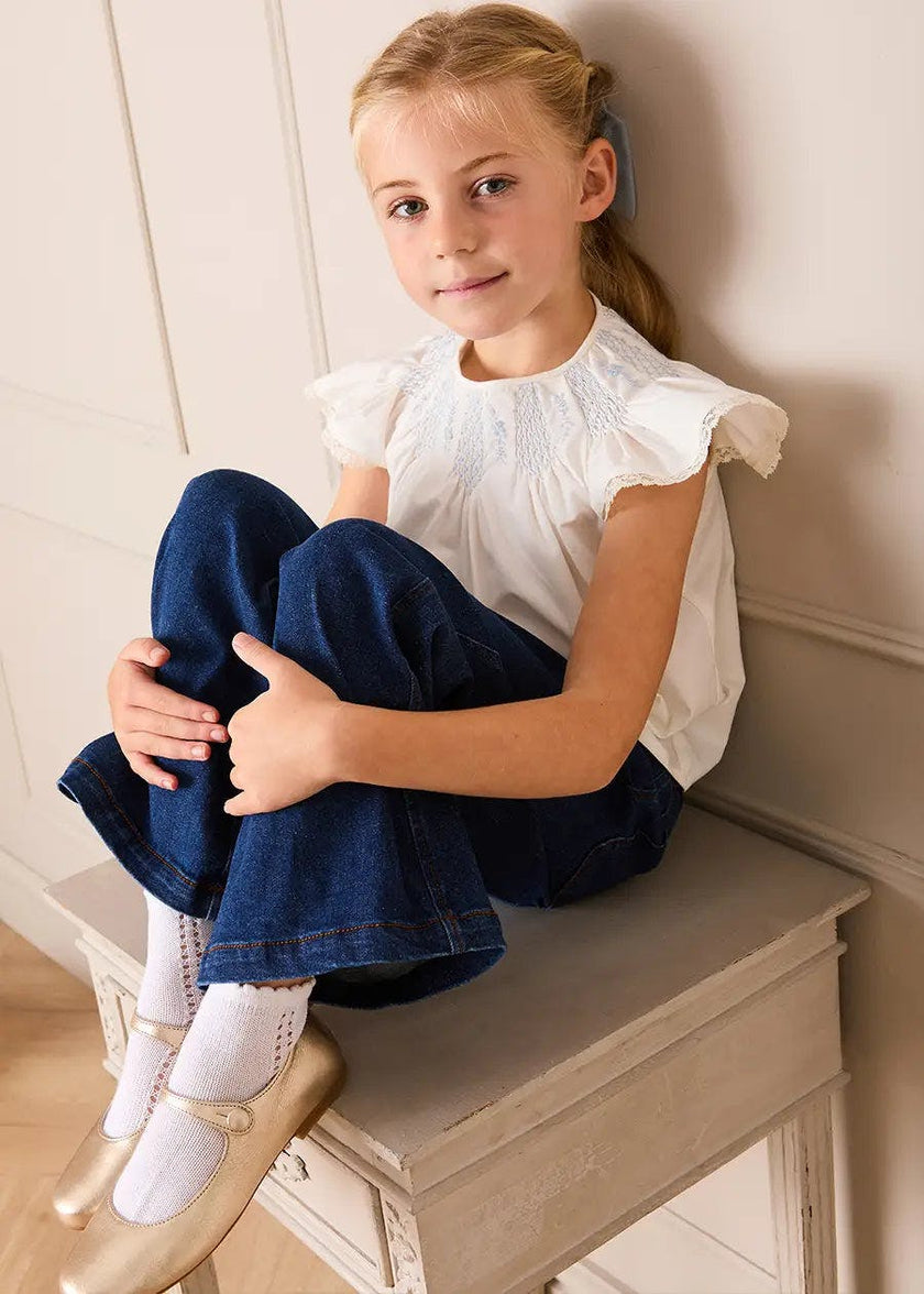 Butterfly Embroidered Lace Detail Cap Sleeve Blouse in White (18mths-10yrs)