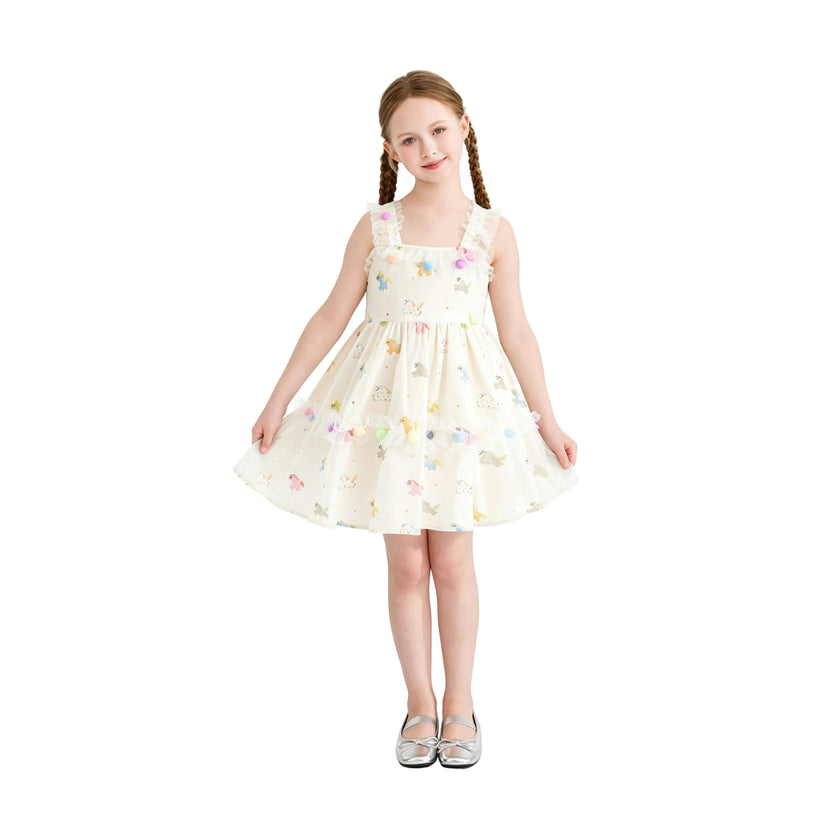 White Lunaria Animal Print Pom‑Pom Dress