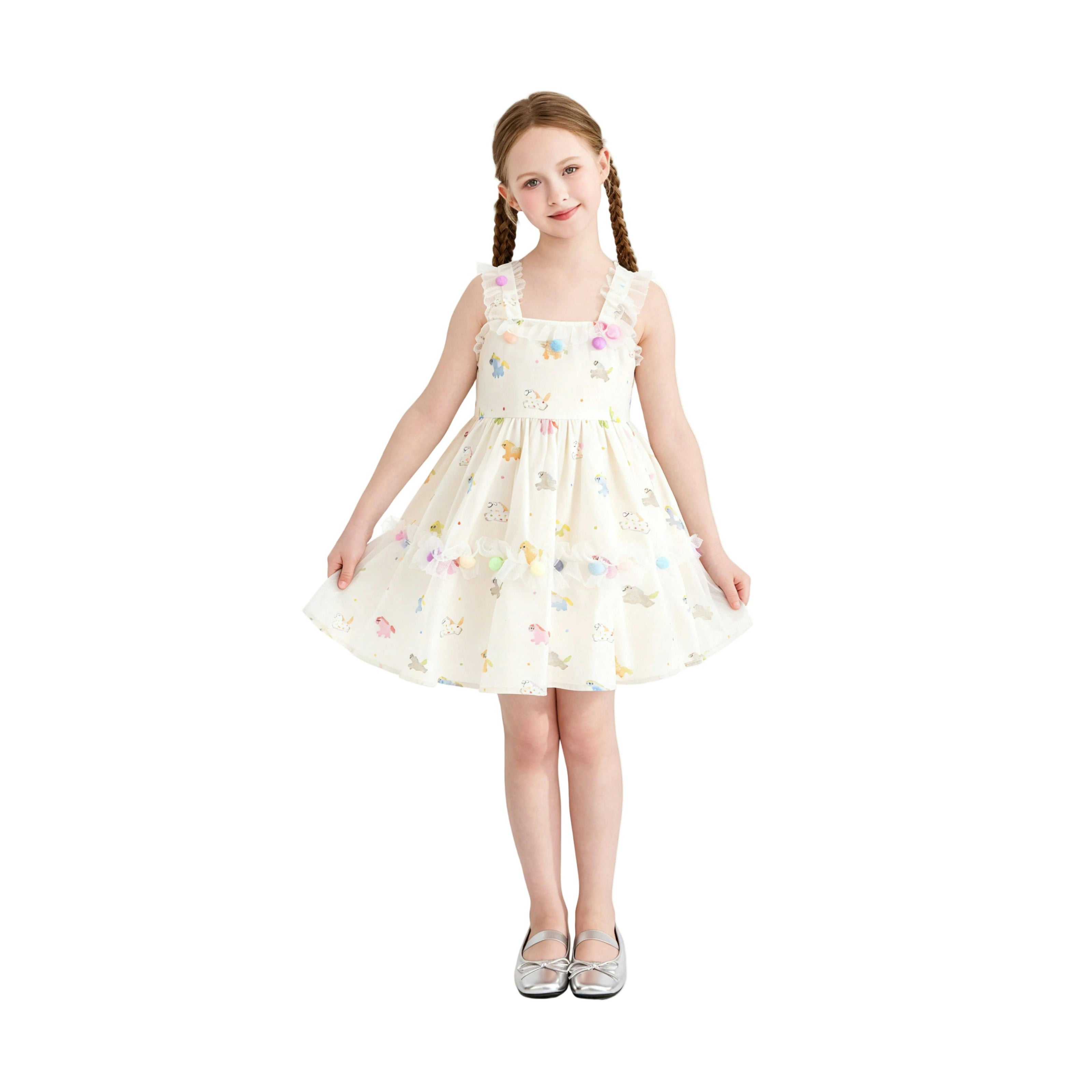 White Lunaria Animal Print Pom‑Pom Dress