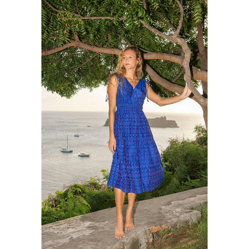 Noemie Women's Shoulder Tie Dress Cobalt Ikat, Blue