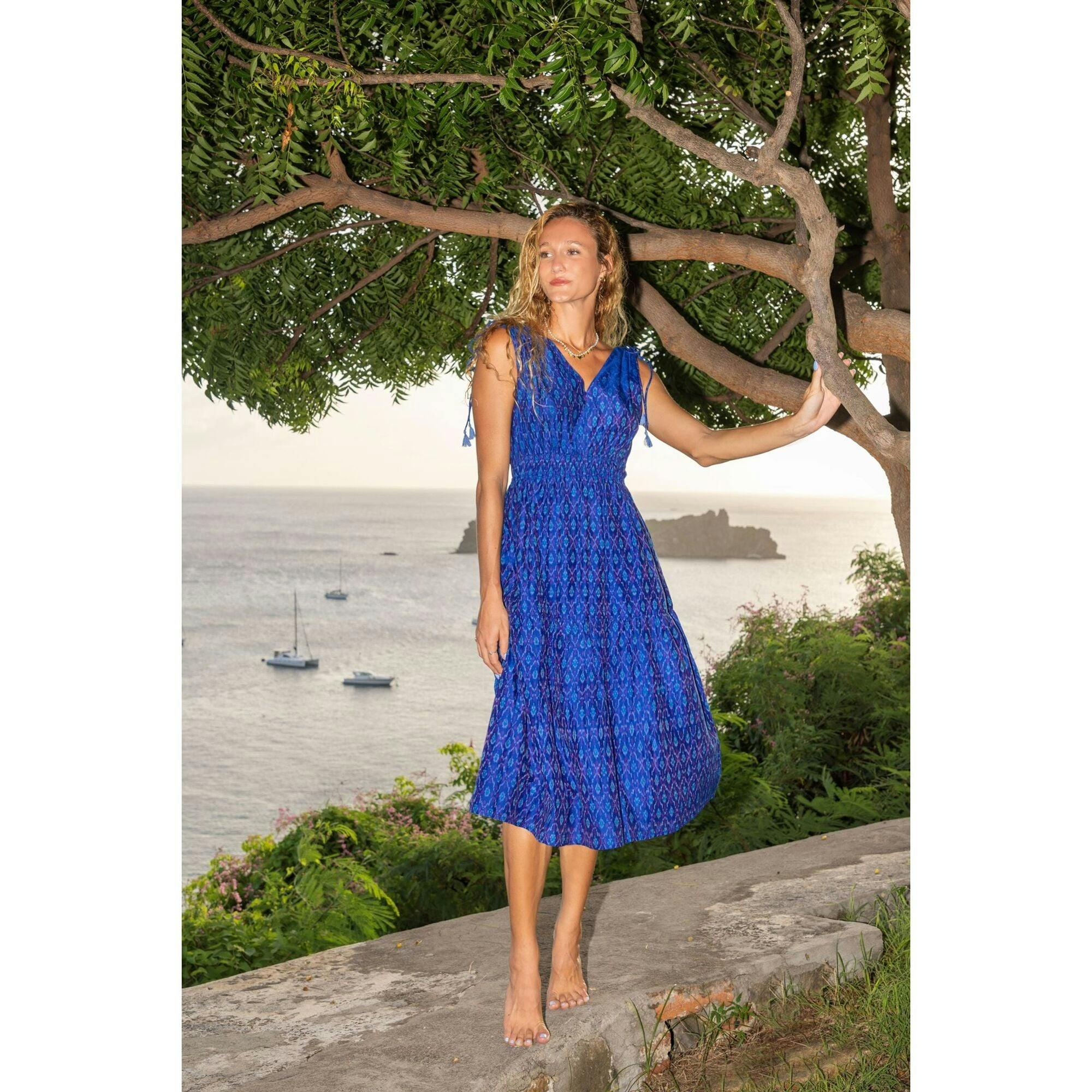Noemie Women's Shoulder Tie Dress Cobalt Ikat, Blue