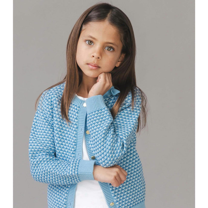 Organic Tweed Stitch Bow Cardigan, Blue