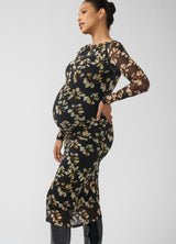 Long Sleeve Ruched Mesh Maternity Midi Dress