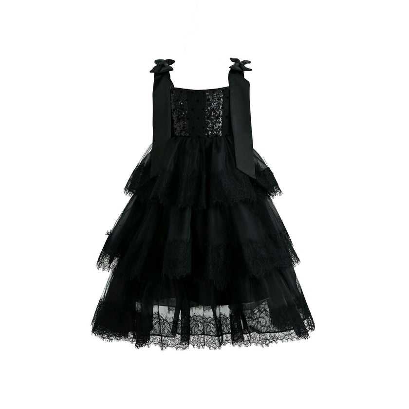 Black Ruffle Sleeveless Bow Dress