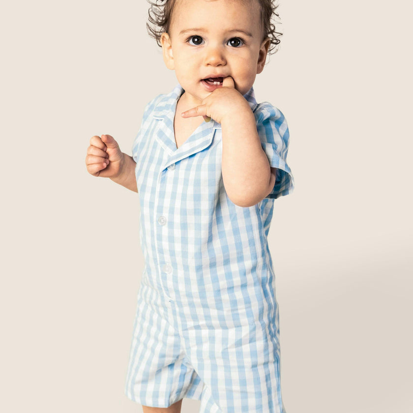 Baby's Twill Summer Romper in Light Blue Gingham