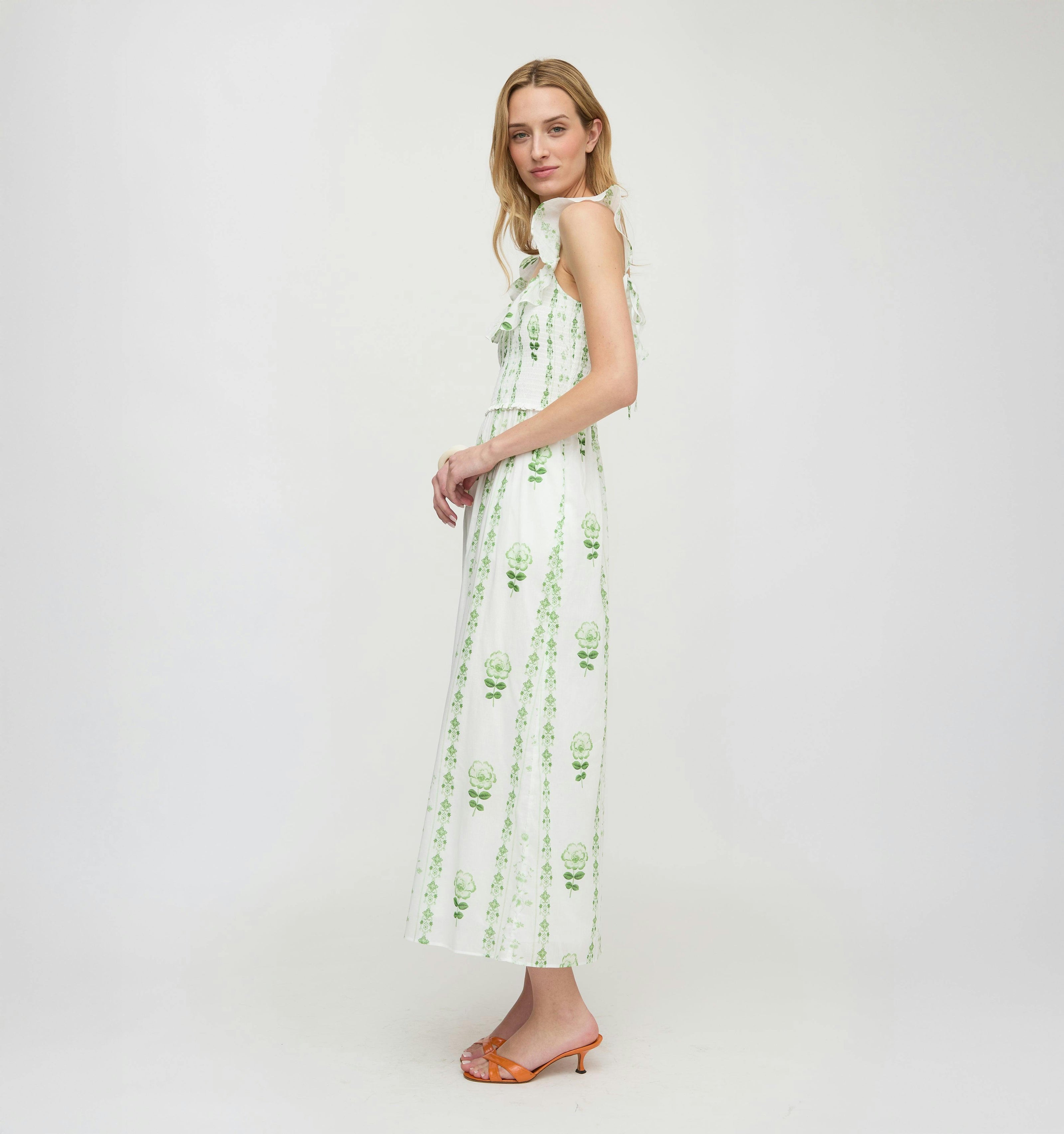 The Cambria Nap Dress - White/Green Arcadia Border