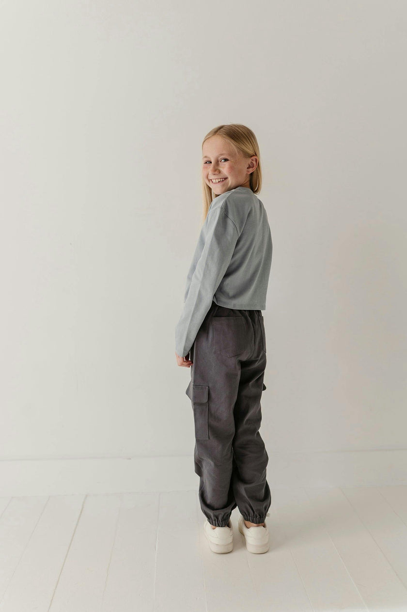 Girls Long Sleeve Shirring Tee in Grayish Blue