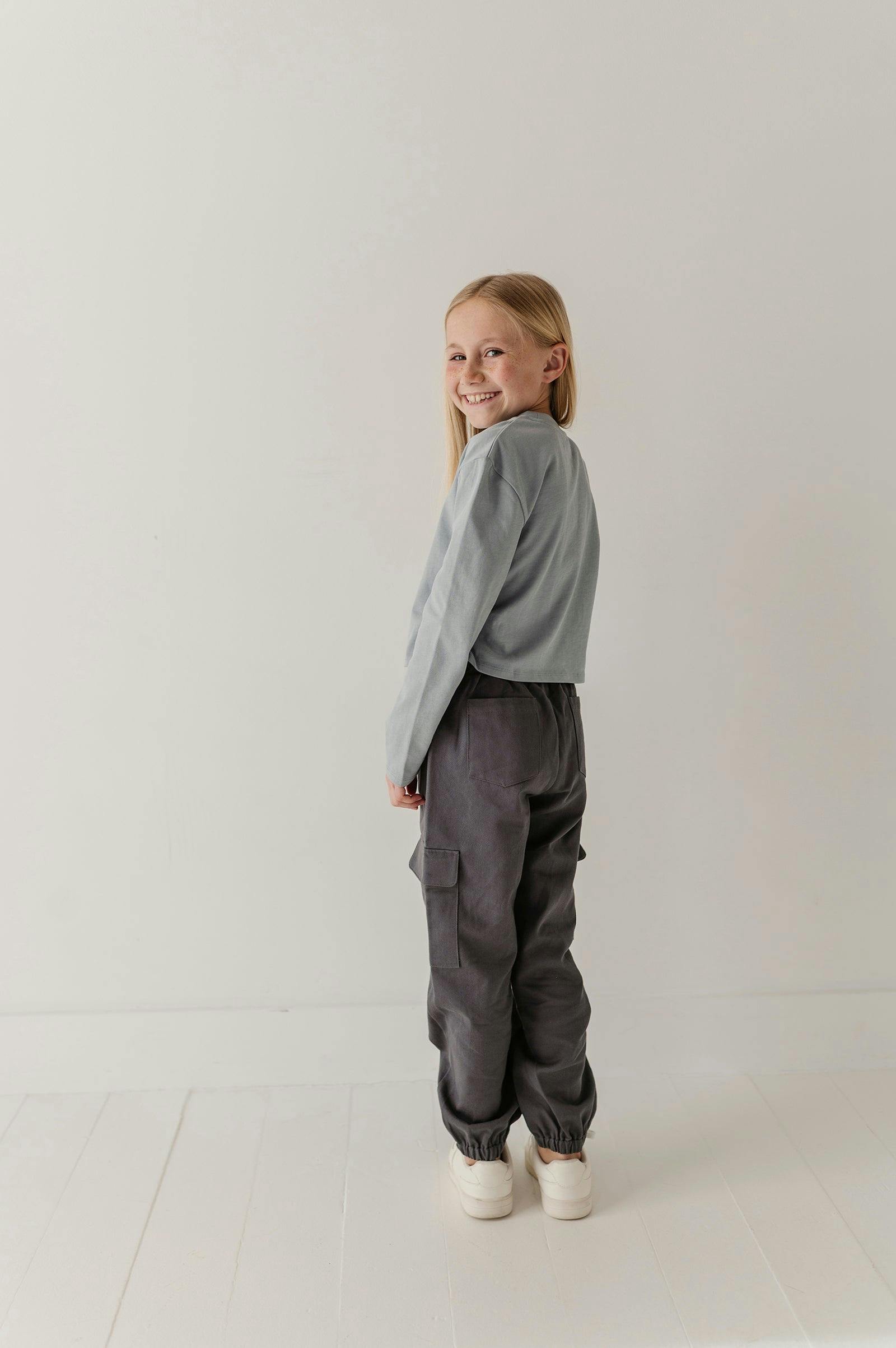 Girls Long Sleeve Shirring Tee in Grayish Blue