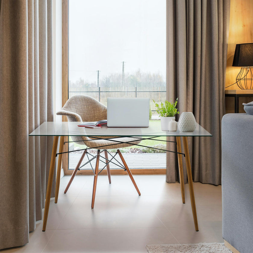 Minimalist Glass Top Dining Table with Wood Base