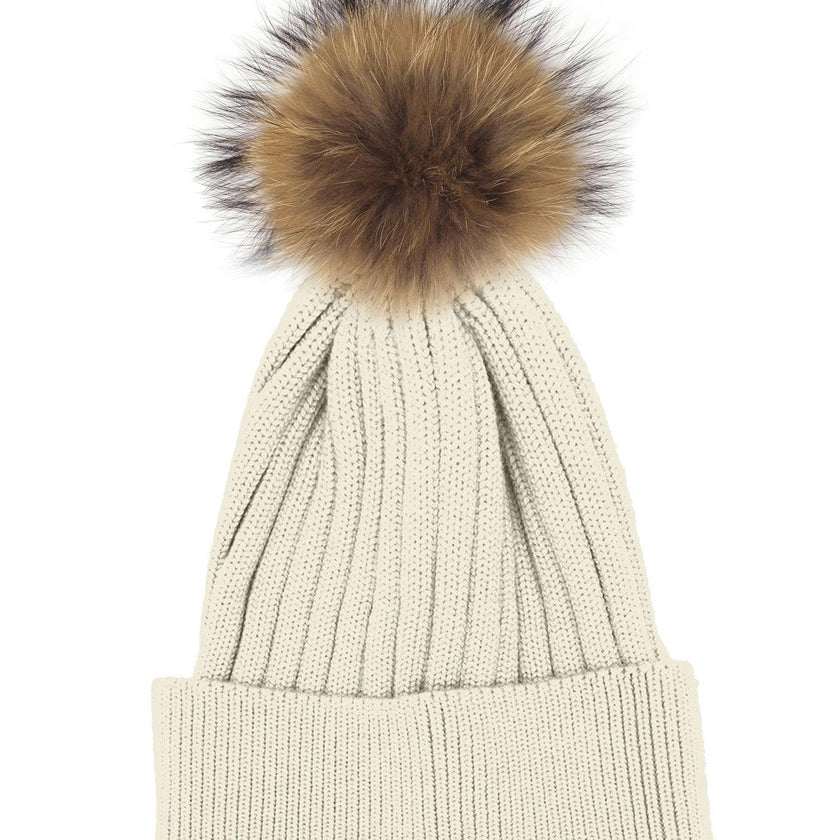 Ribbed Flat Wool Blend Hat With A Genuine Fur Pom (TikTok)