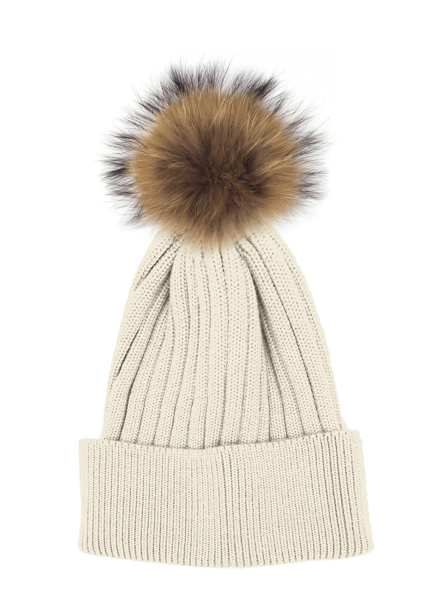 Ribbed Flat Wool Blend Hat With A Genuine Fur Pom (TikTok)
