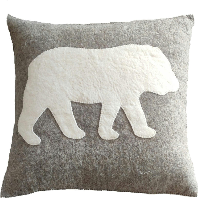 Hand Felted Wool Pillow - Cream Bear Silhouette Gray - 20"