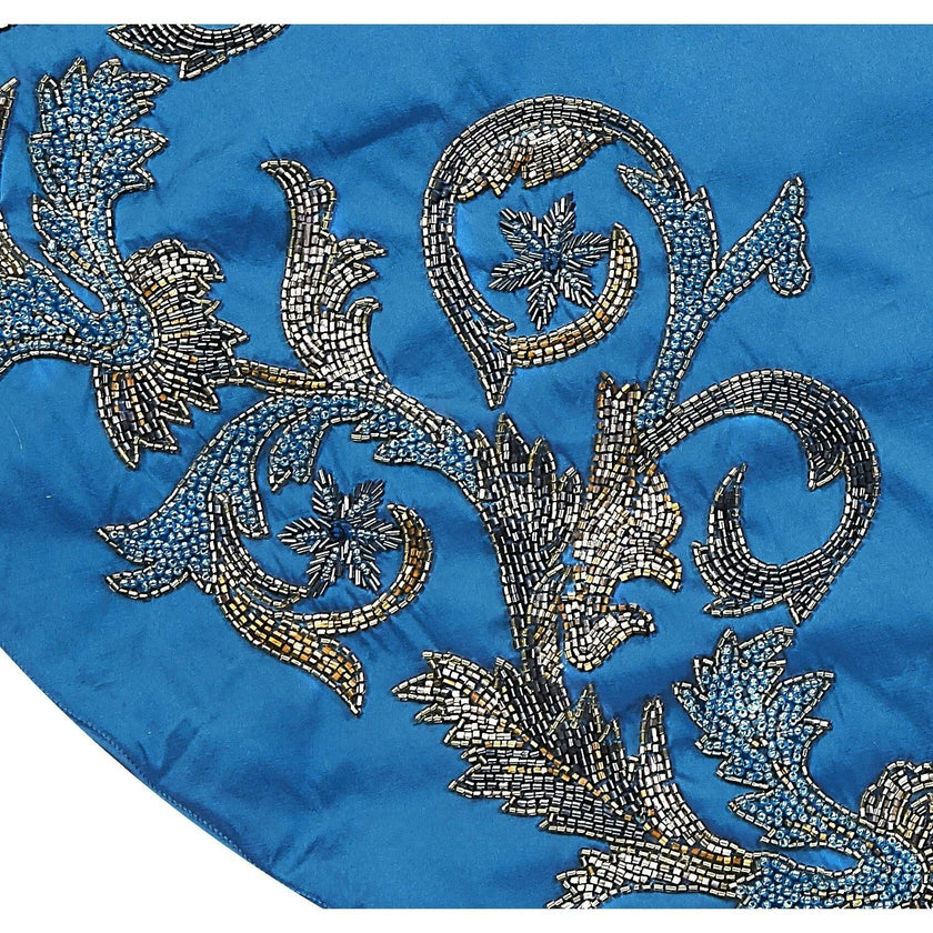 Hand Beaded Imperial Blue Silk Christmas Tree Skirt Blue 60" / 72"