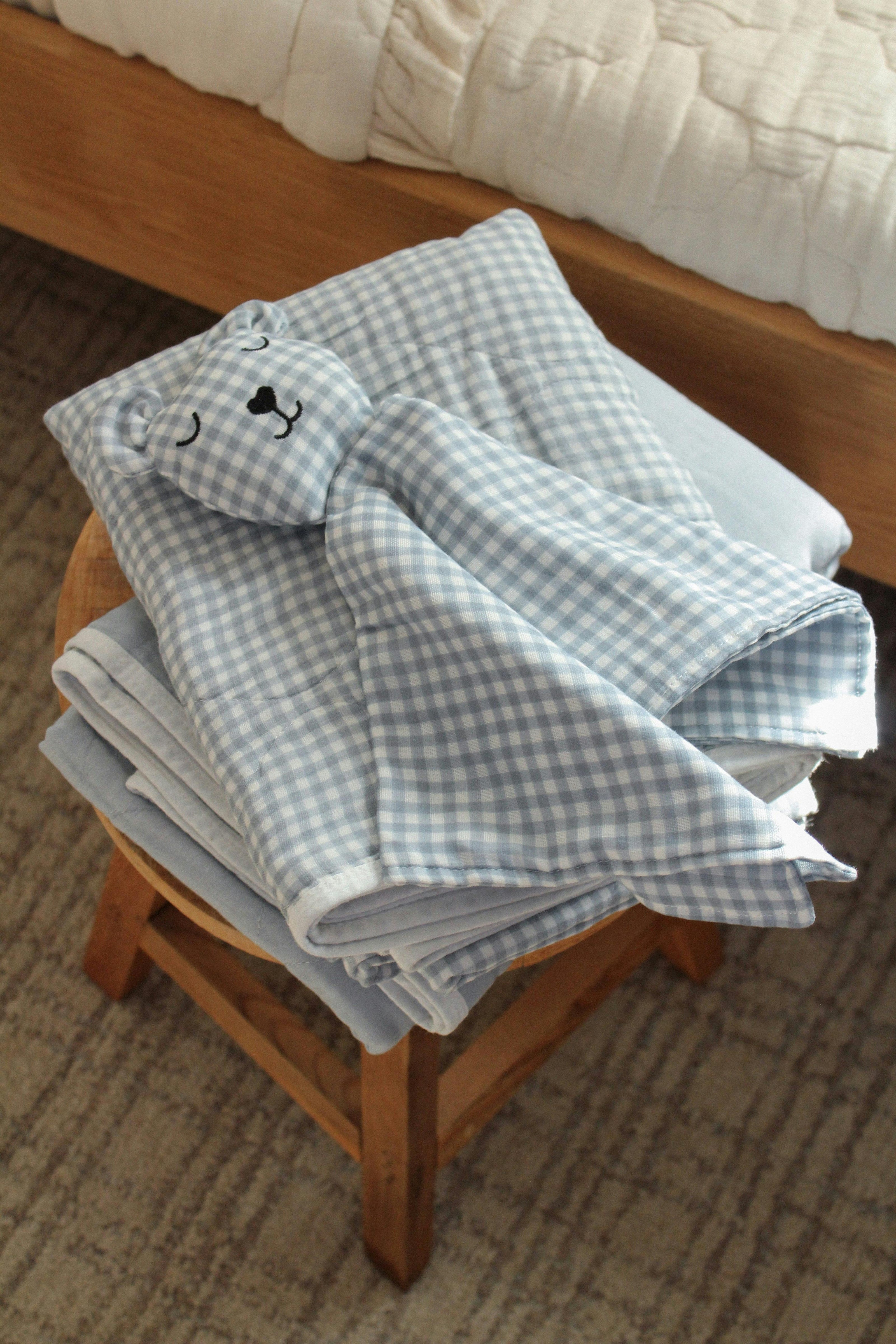 Dusty Blue Solids + Gingham QUILTED 6 Layer Gauze Blanket