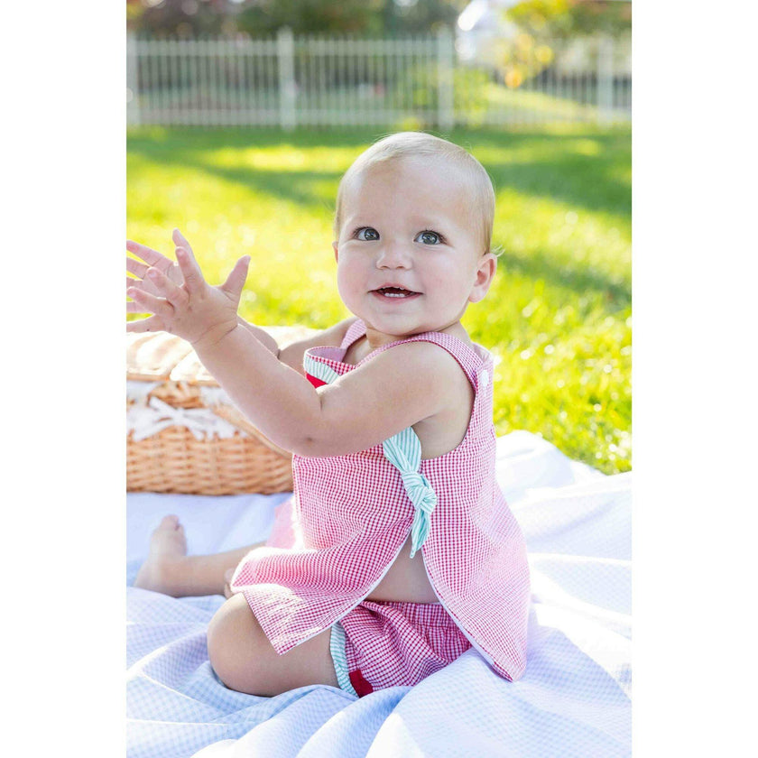 Check Seersucker Dress & Bloomer With Watermelon