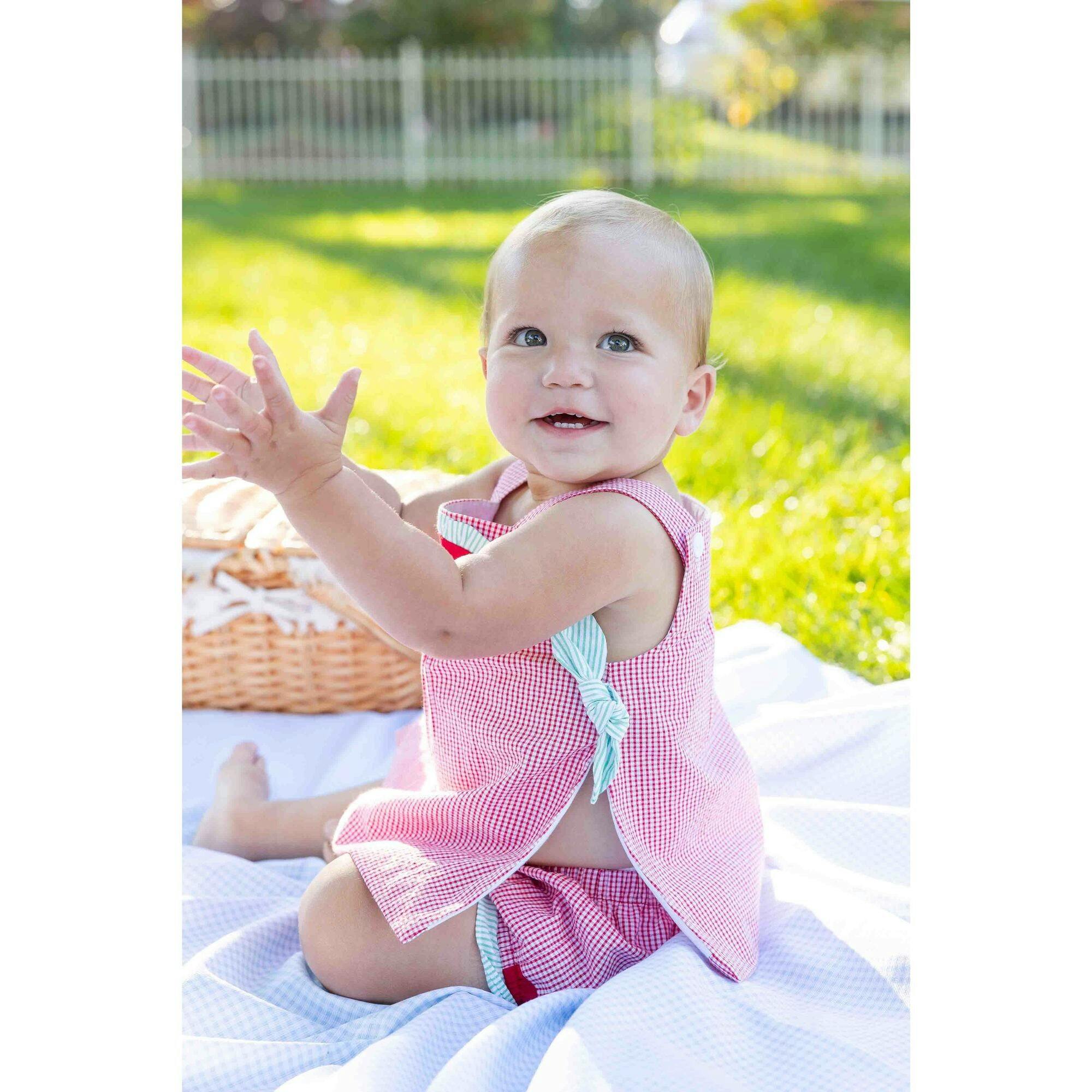 Check Seersucker Dress & Bloomer With Watermelon