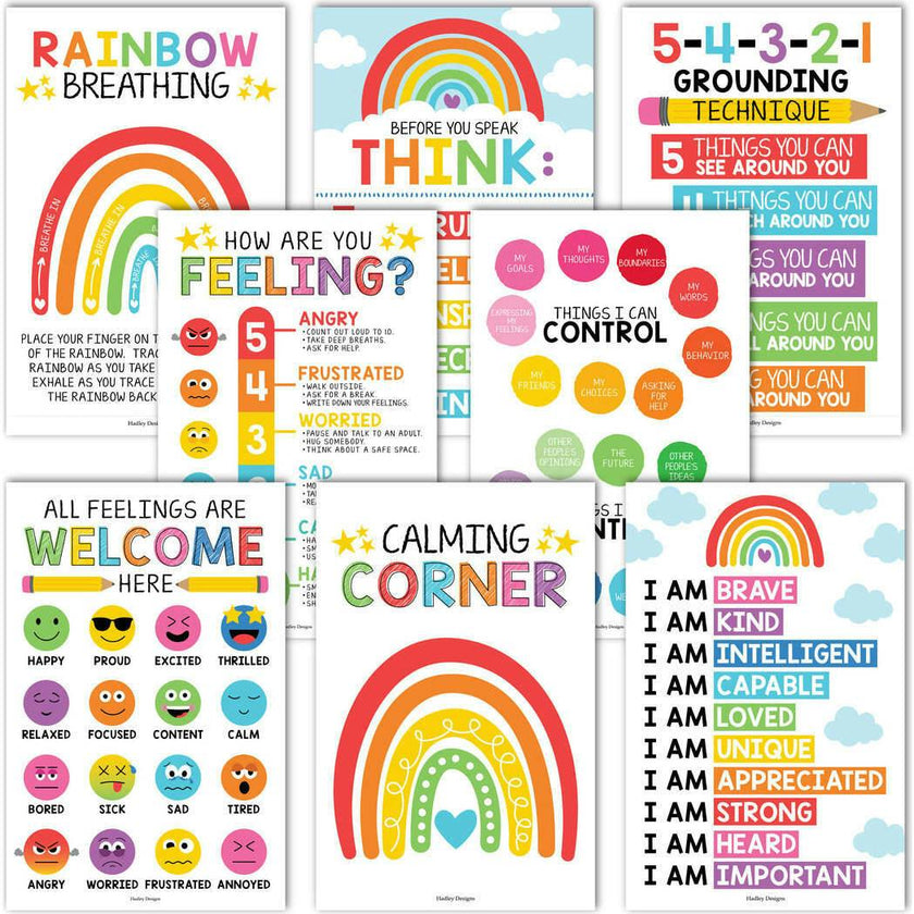 16-Piece Laminated Colorful Prek & Kindergarten Posters & 8-Piece Calming Corner Posters