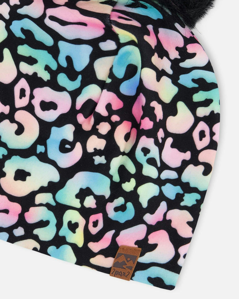 Stretch Jersey Hat Black Animal Print With Pompom