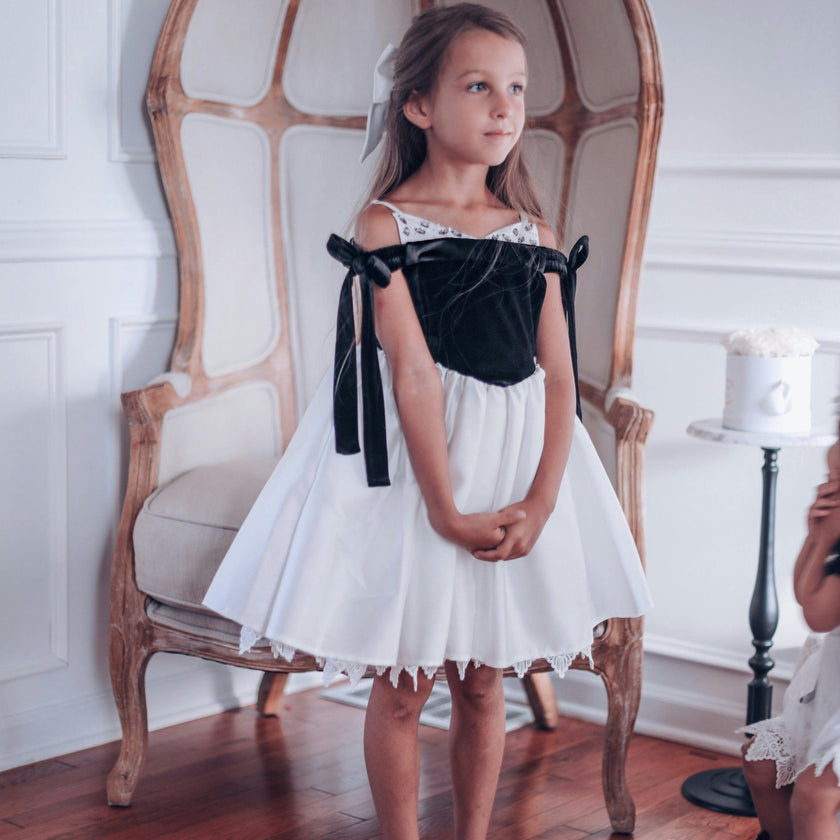 Audrey Black Velour Top and White Sateen Dress