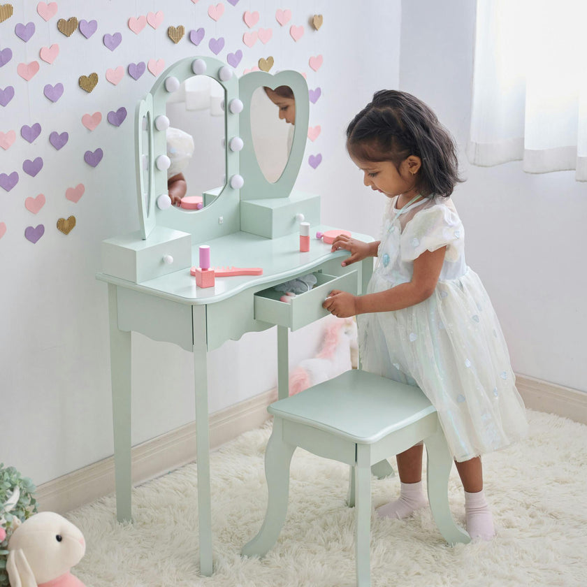 Teamson Kids Heart Glow Wooden Vanity Set With LED Lights Mirror & Stool